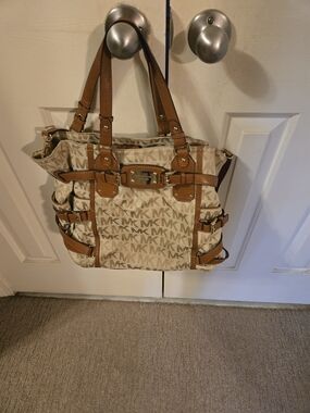 Michael Kors Cream and Brown MK Logo Tote with Leather Trim